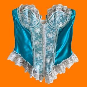 80's 90's blue and white satin lace corset bustier Size 34